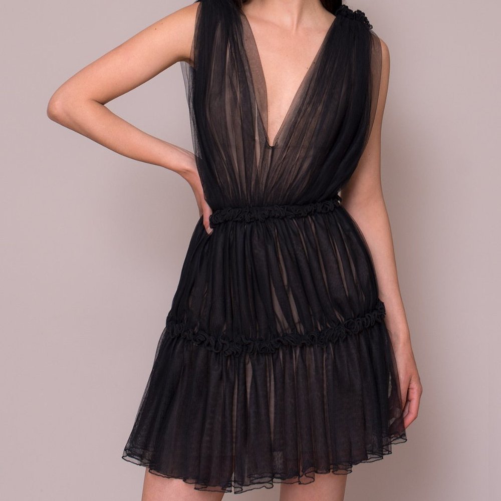 ZÉTA "Tali" Tulle Plunging V Neckline Mini Dress in Black